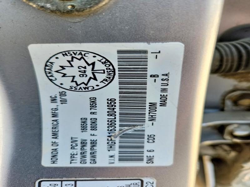 65689066 :رقم المزاد ، 1HGFA16366L804956 vin ، 2006 Honda Civic مزاد بيع