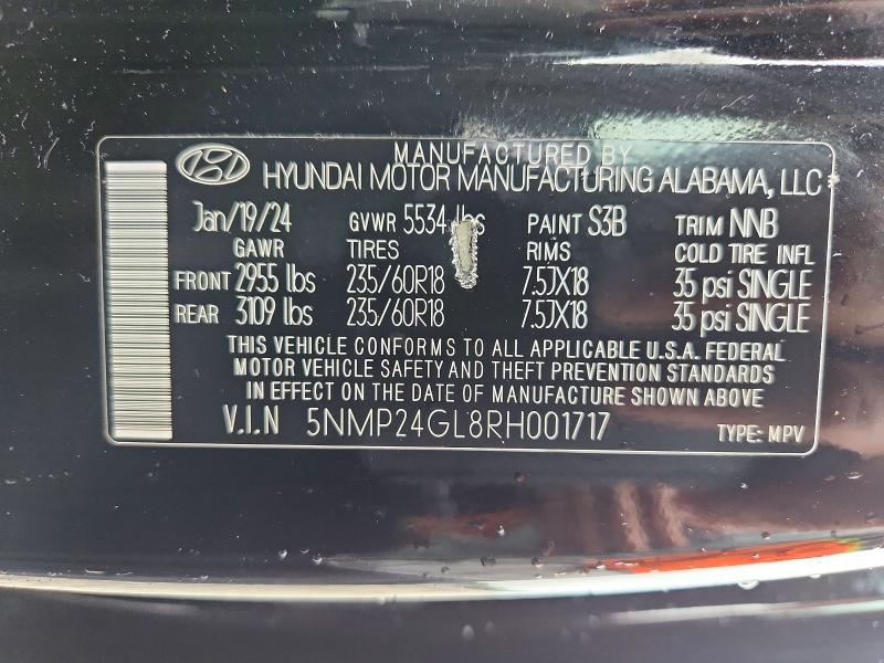 2024 Hyundai Santa Fe მანქანა იყიდება აუქციონზე, vin: 5NMP24GL8RH001717, აუქციონის ნომერი: 63369846