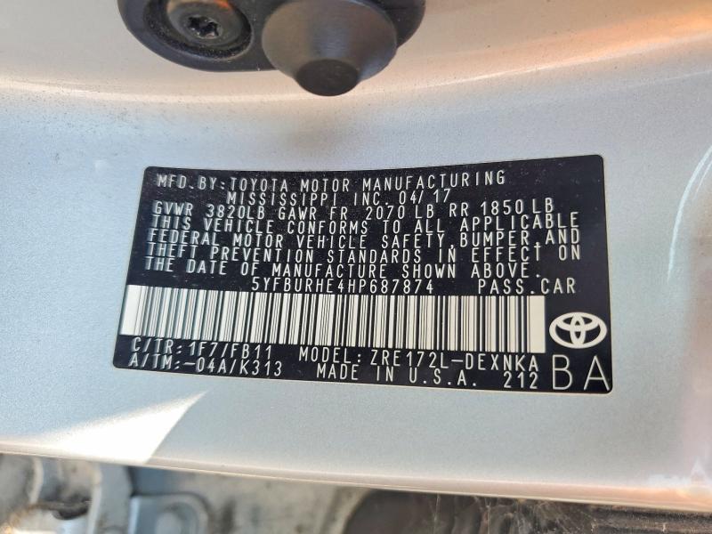 Продаж на аукціоні авто 2017 Toyota Corolla, vin: 5YFBURHE4HP687874, номер лоту: 66424356