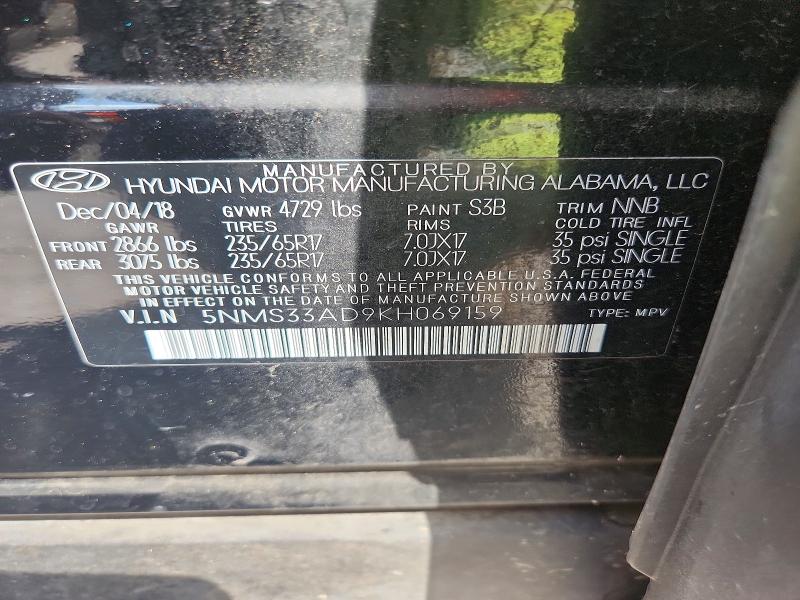 Aukcja sprzedaży 2019 Hyundai Santa Fe, vin: 5NMS33AD9KH069159, numer aukcji: 63517396