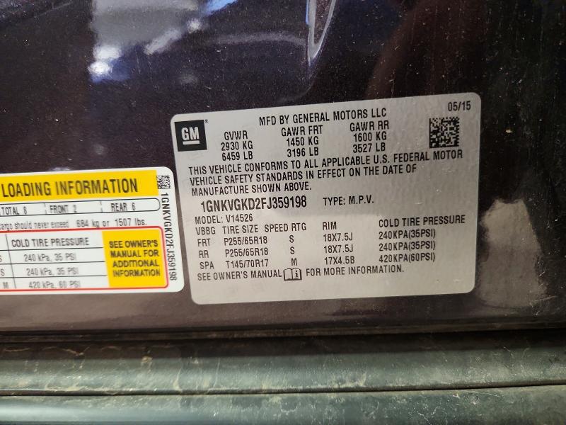 62220516 :رقم المزاد ، 1GNKVGKD2FJ359198 vin ، 2015 Chevrolet Traverse مزاد بيع