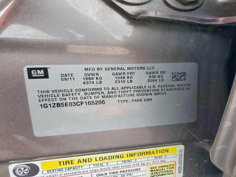 66583436 :رقم المزاد ، 1G1ZB5E03CF165266 vin ، 2012 Chevrolet Malibu مزاد بيع