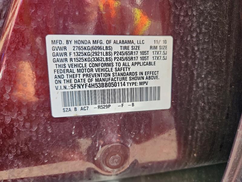 2011 Honda Pilot მანქანა იყიდება აუქციონზე, vin: 5FNYF4H53BB050114, აუქციონის ნომერი: 67129366