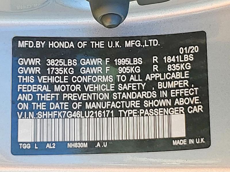 Продажа на аукционе авто 2020 Honda Civic, vin: SHHFK7G46LU216171, номер лота: 65498336