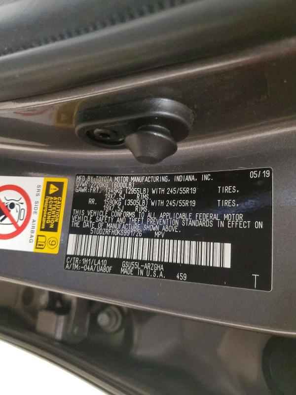2019 Toyota Highlander მანქანა იყიდება აუქციონზე, vin: 5TDDZRFH0KS991726, აუქციონის ნომერი: 64056606