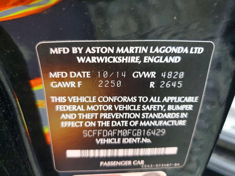 2015 Aston Martin Db9 მანქანა იყიდება აუქციონზე, vin: SCFFDAFM0FGB16429, აუქციონის ნომერი: 64231886