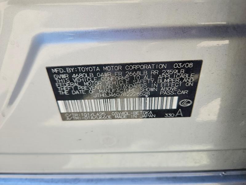 Aukcja sprzedaży 2008 Lexus Es, vin: JTHBJ46G782228528, numer aukcji: 65942036