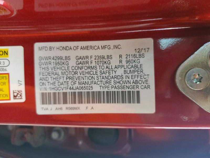 63459876 :رقم المزاد ، 1HGCV1F44JA065025 vin ، 2018 Honda Accord مزاد بيع