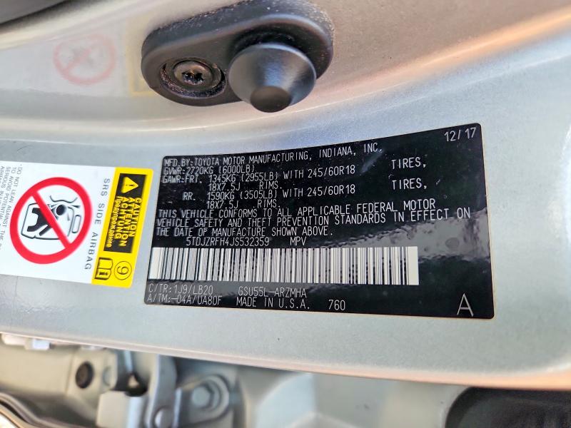Aukcja sprzedaży 2018 Toyota Highlander, vin: 5TDJZRFH4JS532359, numer aukcji: 63769406