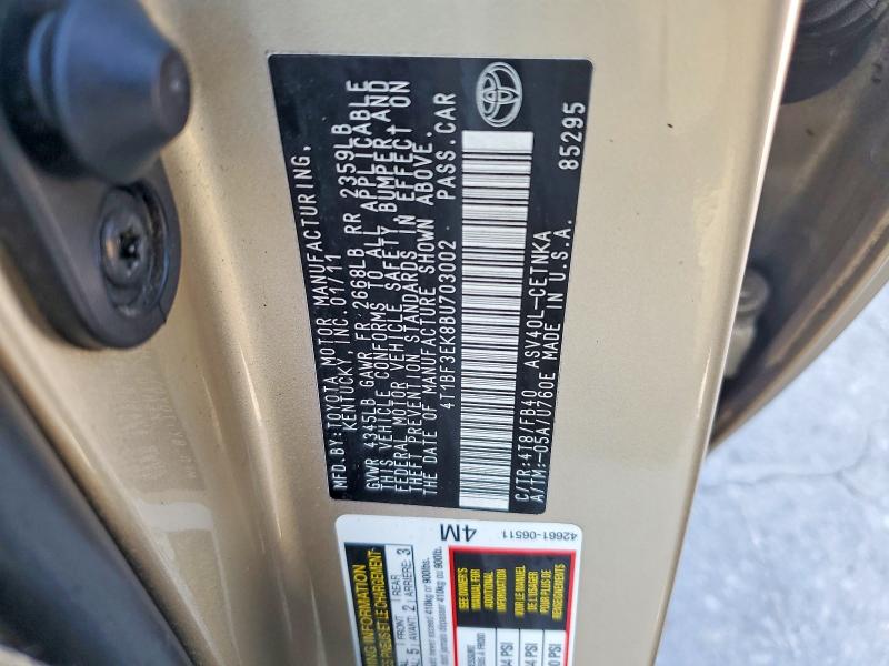 2011 Toyota Camry მანქანა იყიდება აუქციონზე, vin: 4T1BF3EK8BU703002, აუქციონის ნომერი: 64066246