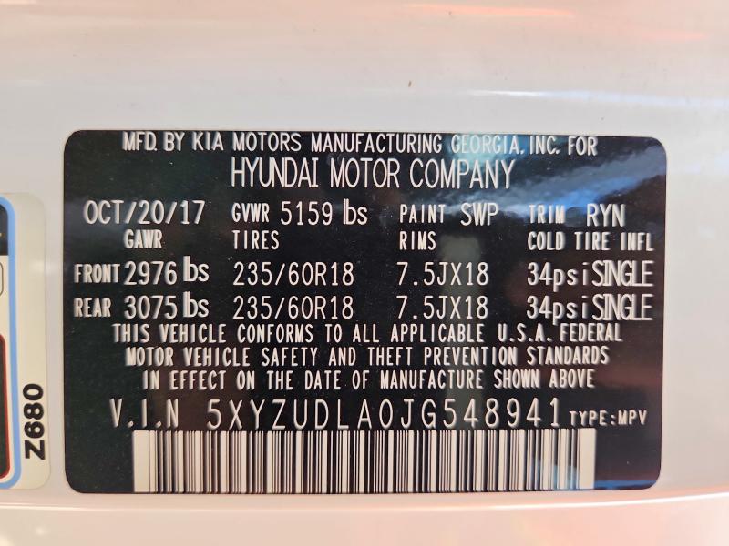 2018 Hyundai Santa Fe Sport მანქანა იყიდება აუქციონზე, vin: 5XYZUDLA0JG548941, აუქციონის ნომერი: 66598096