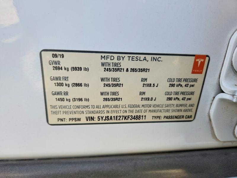 64954726 :رقم المزاد ، 5YJSA1E27KF348811 vin ، 2019 Tesla Model S مزاد بيع