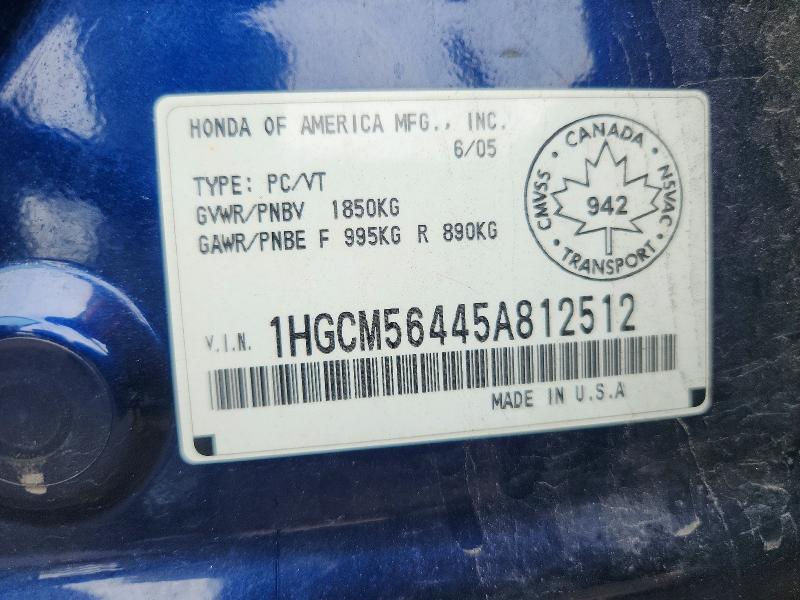 Продажа на аукционе авто 2005 Honda Accord, vin: 1HGCM56445A812512, номер лота: 64381006