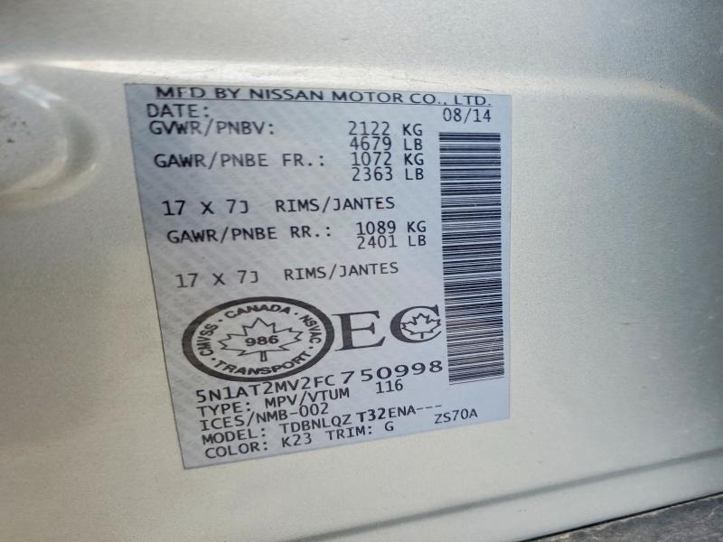 Aukcja sprzedaży 2015 Nissan Rogue, vin: 5N1AT2MV2FC750998, numer aukcji: 65705156