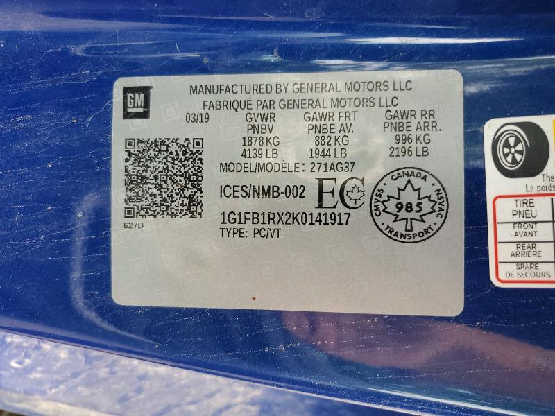 64391556 :رقم المزاد ، 1G1FB1RX2K0141917 vin ، 2019 Chevrolet Camaro مزاد بيع