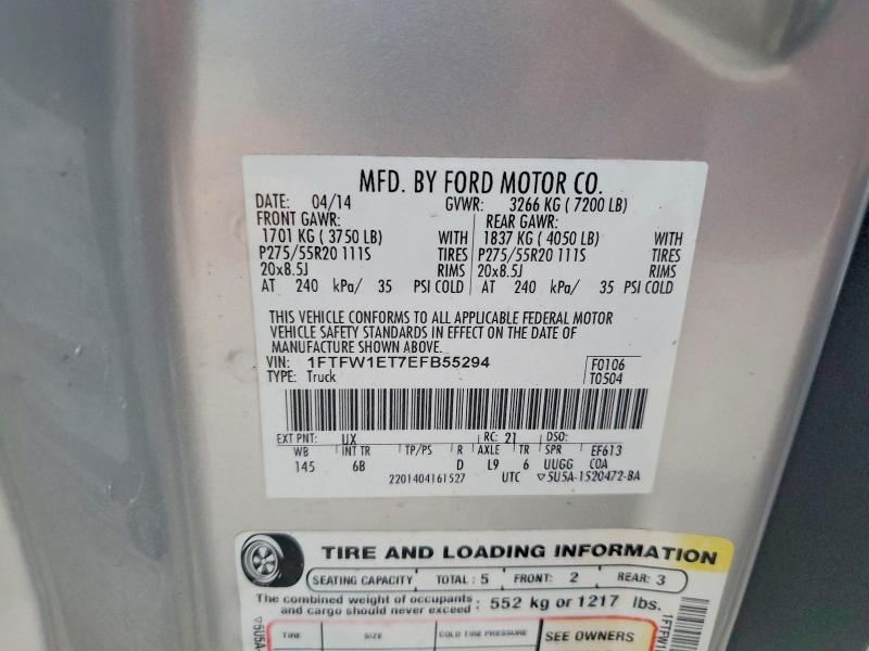 2014 Ford F150 მანქანა იყიდება აუქციონზე, vin: 1FTFW1ET7EFB55294, აუქციონის ნომერი: 65528286