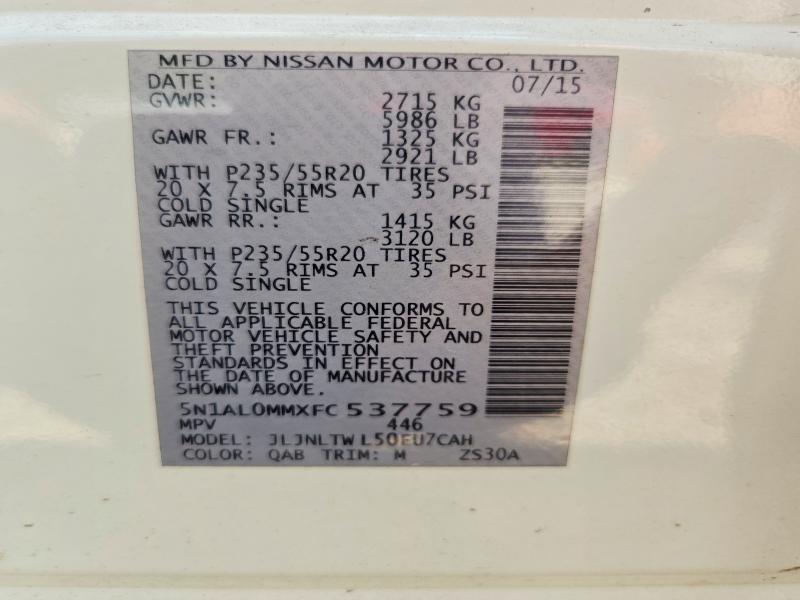 61731016 :رقم المزاد ، 5N1AL0MMXFC537759 vin ، 2015 Infiniti Qx60 مزاد بيع
