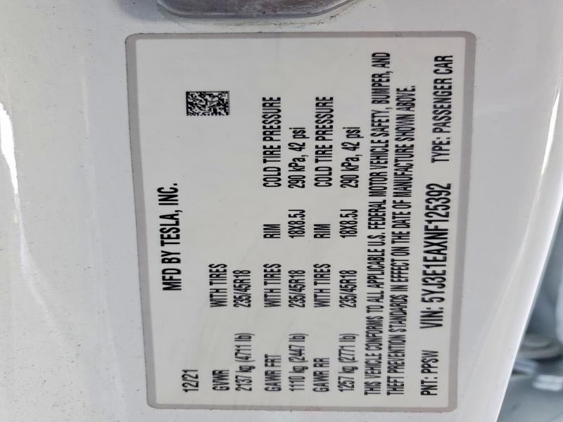 2022 Tesla Model 3 მანქანა იყიდება აუქციონზე, vin: 5YJ3E1EAXNF125392, აუქციონის ნომერი: 64458246