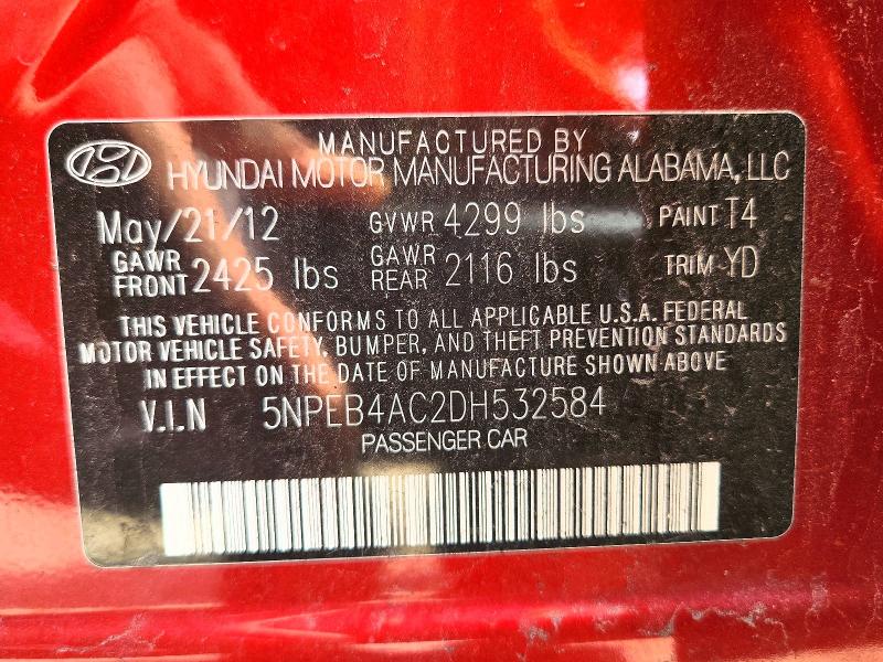 63024076 :رقم المزاد ، 5NPEB4AC2DH532584 vin ، 2013 Hyundai Sonata مزاد بيع
