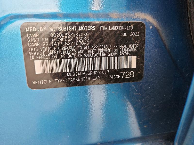 2024 Mitsubishi Mirage მანქანა იყიდება აუქციონზე, vin: ML32AUHJ6RH001617, აუქციონის ნომერი: 67236376