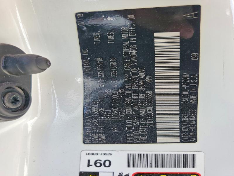63553856 :رقم المزاد ، 5TDYZ3DC8LS035658 vin ، 2020 Toyota Sienna مزاد بيع