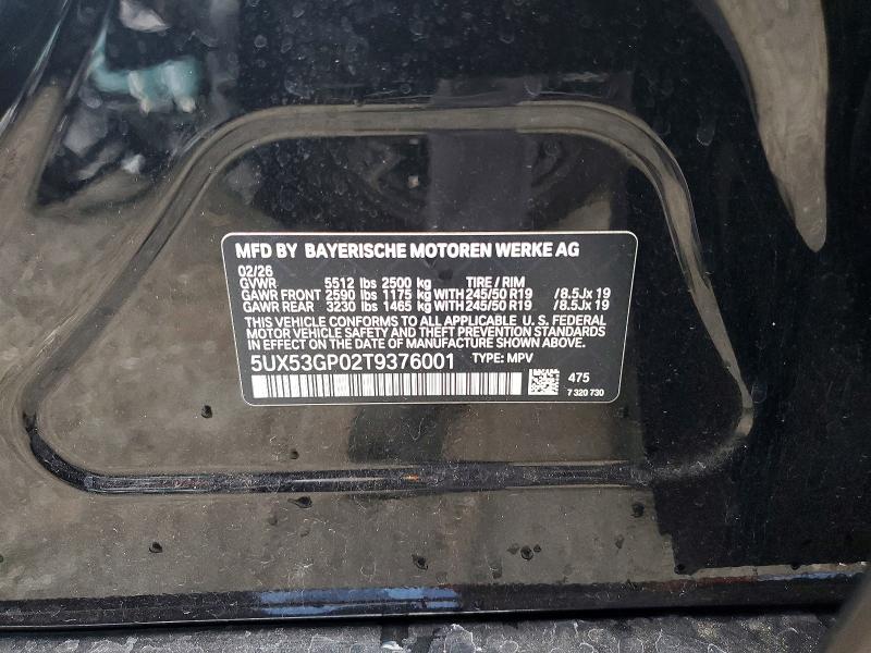 2026 Bmw X3 მანქანა იყიდება აუქციონზე, vin: 5UX53GP02T9376001, აუქციონის ნომერი: 64619156