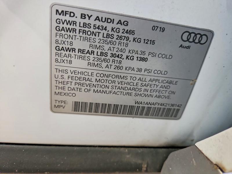 2019 Audi Q5 მანქანა იყიდება აუქციონზე, vin: WA1ANAFY4K2136142, აუქციონის ნომერი: 63298436