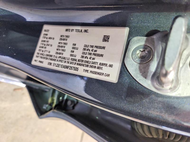 2022 Tesla Model 3 მანქანა იყიდება აუქციონზე, vin: 5YJ3E1EA6NF287505, აუქციონის ნომერი: 63766556
