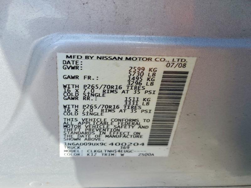 2009 Nissan Frontier მანქანა იყიდება აუქციონზე, vin: 1N6AD09UX9C400204, აუქციონის ნომერი: 65529926