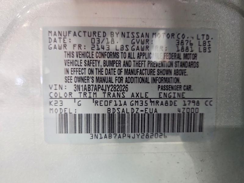 Продаж на аукціоні авто 2018 Nissan Sentra, vin: 3N1AB7AP4JY282026, номер лоту: 65718456