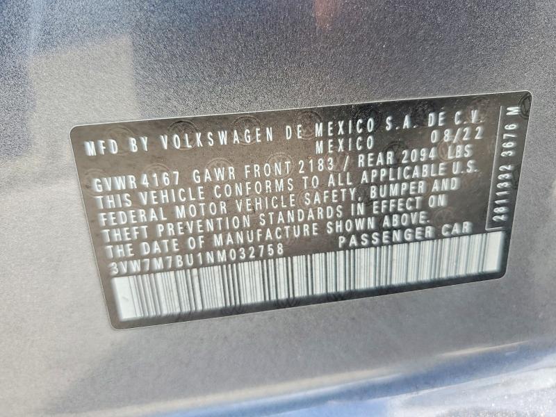 64305056 :رقم المزاد ، 3VW7M7BU1NM032758 vin ، 2022 Volkswagen Jetta مزاد بيع