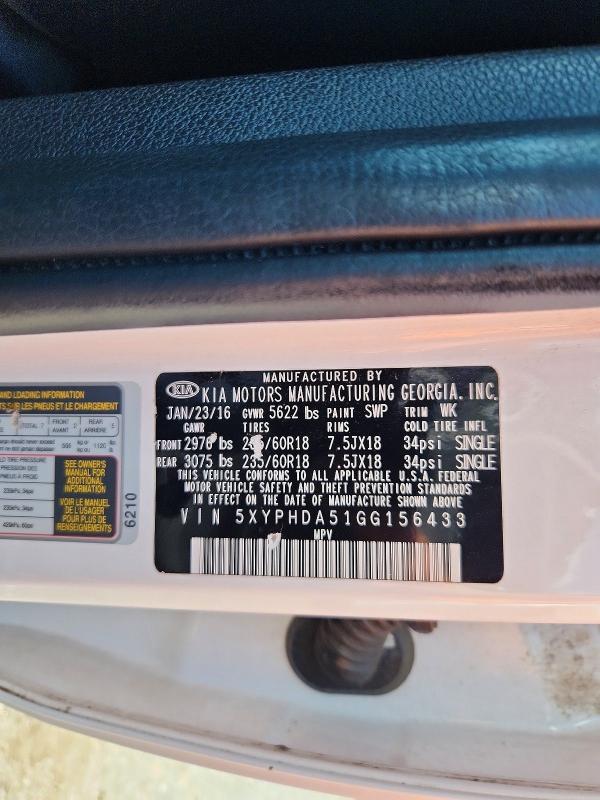 Aukcja sprzedaży 2016 Kia Sorento, vin: 5XYPHDA51GG156433, numer aukcji: 63895746