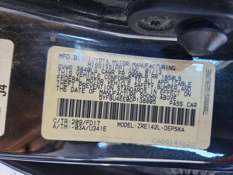 2013 Toyota Corolla მანქანა იყიდება აუქციონზე, vin: 5YFBU4EE0DP138805, აუქციონის ნომერი: 63552966