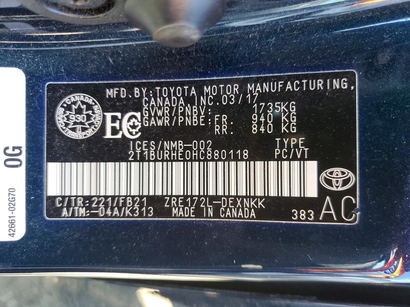 2017 Toyota Corolla მანქანა იყიდება აუქციონზე, vin: 2T1BURHE0HC880118, აუქციონის ნომერი: 66413306