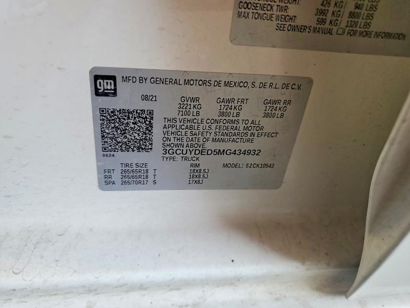 63683396 :رقم المزاد ، 3GCUYDED5MG434932 vin ، 2021 Chevrolet Silverado مزاد بيع