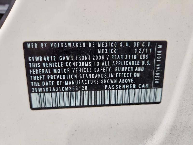 Продаж на аукціоні авто 2012 Volkswagen Jetta, vin: 3VW1K7AJ1CM363128, номер лоту: 63997026