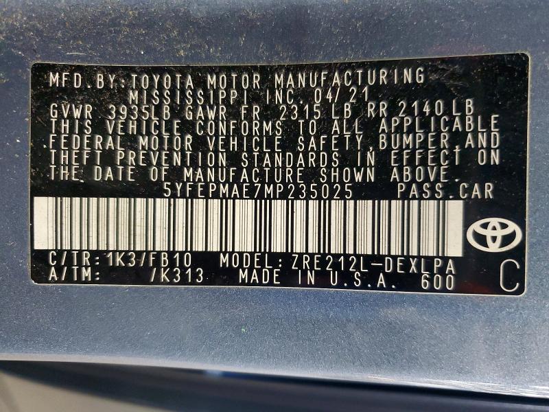 Aukcja sprzedaży 2021 Toyota Corolla, vin: 5YFEPMAE7MP235025, numer aukcji: 64417616