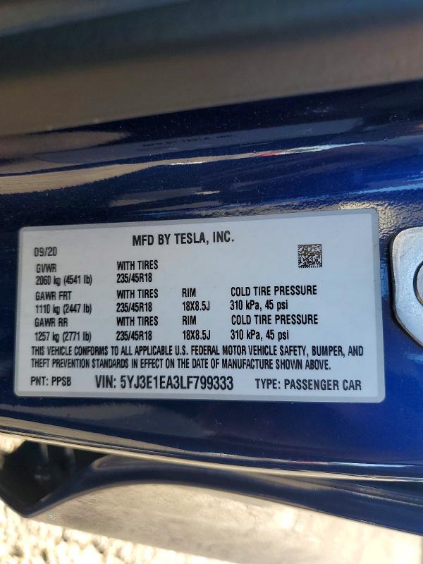 Aukcja sprzedaży 2020 Tesla Model 3, vin: 5YJ3E1EA3LF799333, numer aukcji: 65941826
