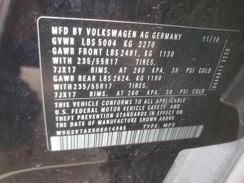 2017 Volkswagen Tiguan მანქანა იყიდება აუქციონზე, vin: WVGSV7AX8HK014965, აუქციონის ნომერი: 64078976