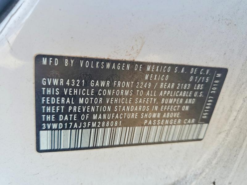 2015 Volkswagen Jetta მანქანა იყიდება აუქციონზე, vin: 3VWD17AJ3FM288081, აუქციონის ნომერი: 66408006