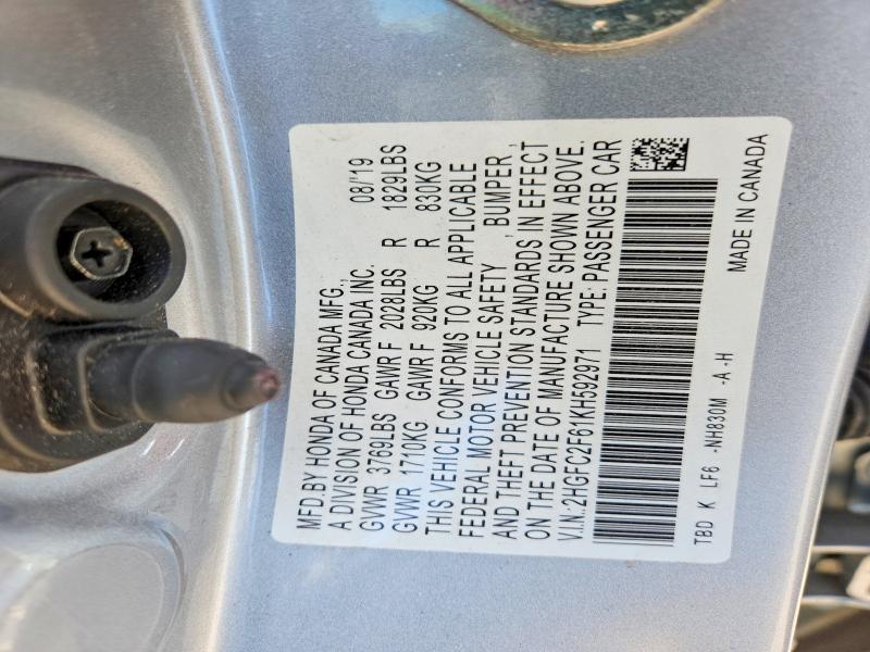 Aukcja sprzedaży 2019 Honda Civic, vin: 2HGFC2F61KH592971, numer aukcji: 62945406