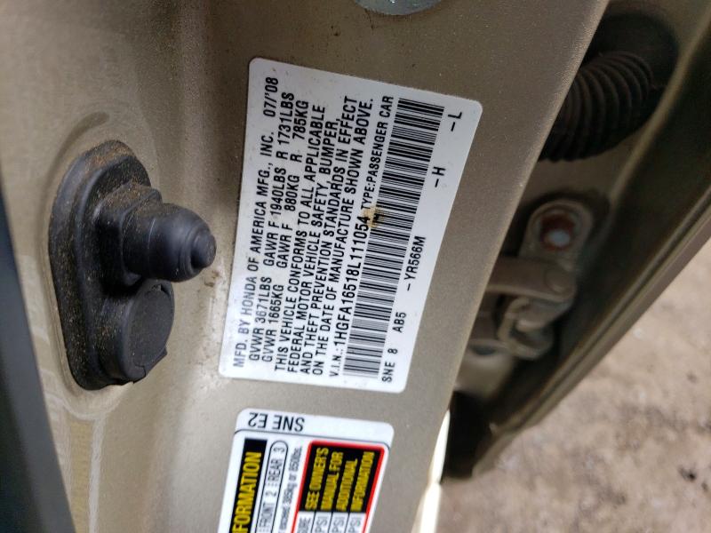 2008 Honda Civic მანქანა იყიდება აუქციონზე, vin: 1HGFA16518L111054, აუქციონის ნომერი: 64570866