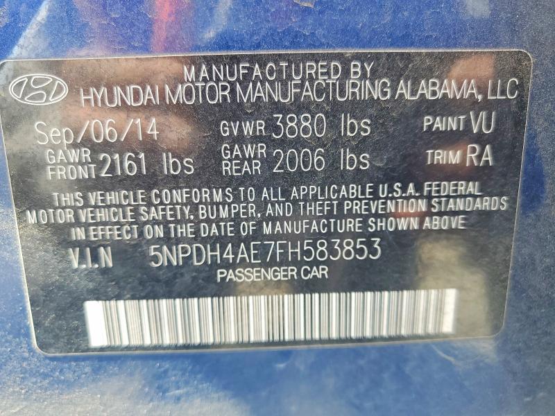 66129316 :رقم المزاد ، 5NPDH4AE7FH583853 vin ، 2015 Hyundai Elantra مزاد بيع