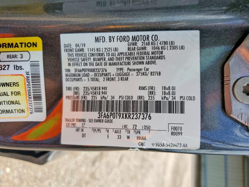 66096856 :رقم المزاد ، 3FA6P0T9XKR237376 vin ، 2019 Ford Fusion مزاد بيع