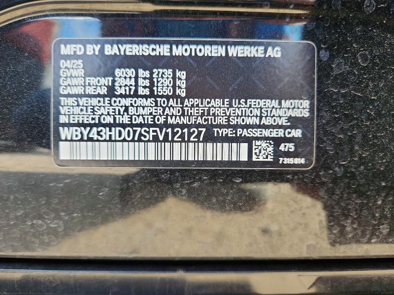 2025 Bmw I4 მანქანა იყიდება აუქციონზე, vin: WBY43HD07SFV12127, აუქციონის ნომერი: 64659296