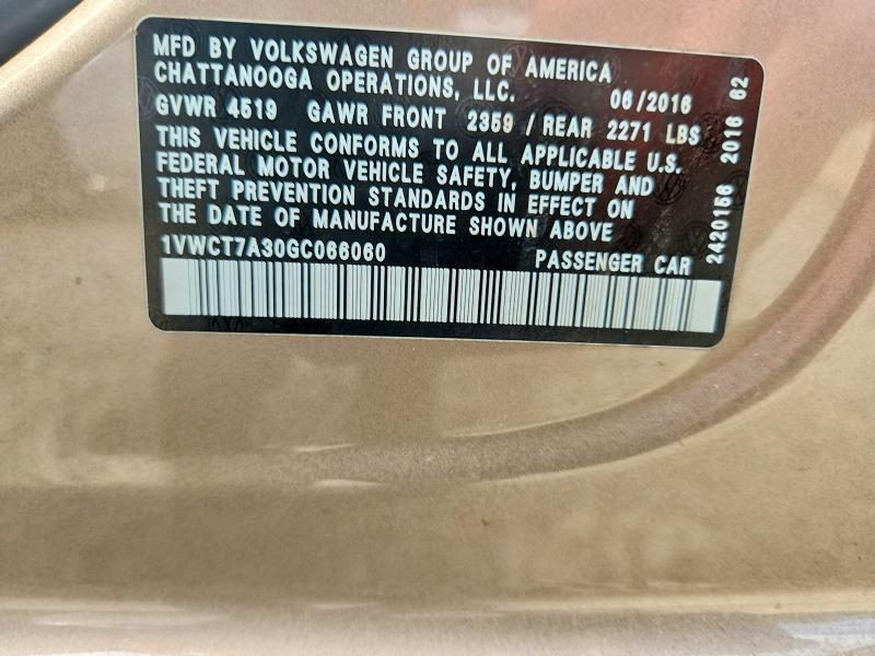 Продаж на аукціоні авто 2016 Volkswagen Passat, vin: 1VWCT7A30GC066060, номер лоту: 66144296