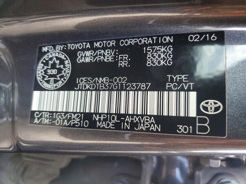 Продаж на аукціоні авто 2016 Toyota Prius C, vin: JTDKDTB37G1123787, номер лоту: 66093246