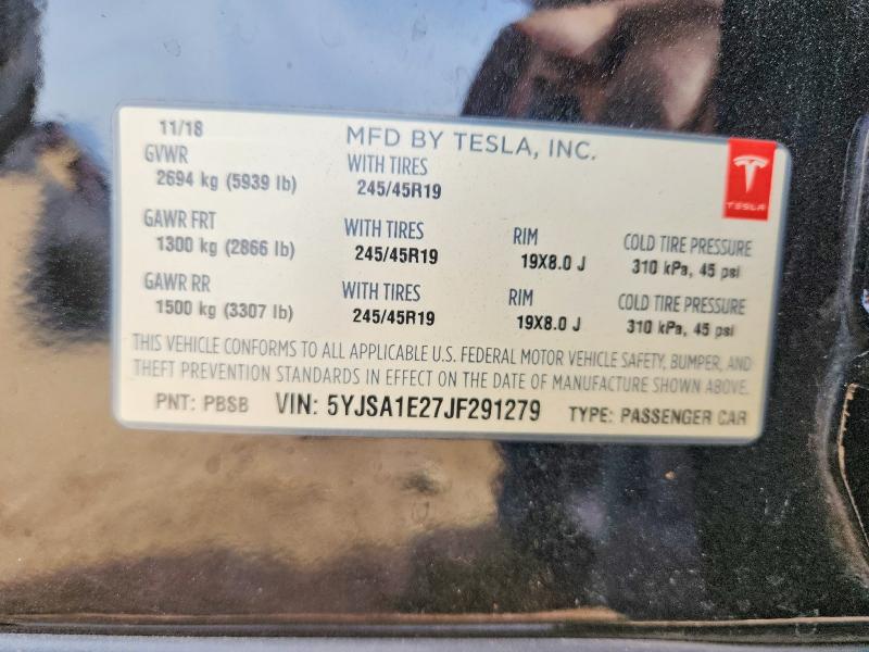 2018 Tesla Model S მანქანა იყიდება აუქციონზე, vin: 5YJSA1E27JF291279, აუქციონის ნომერი: 65140566