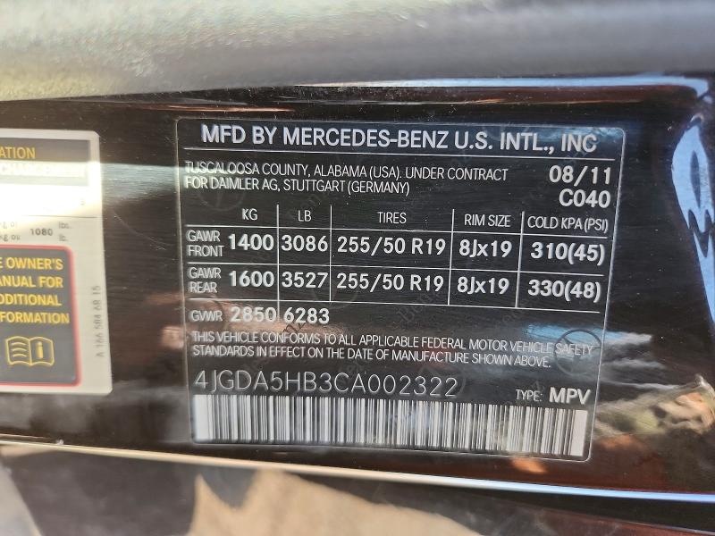 62506936 :رقم المزاد ، 4JGDA5HB3CA002322 vin ، 2012 Mercedes-benz Ml مزاد بيع