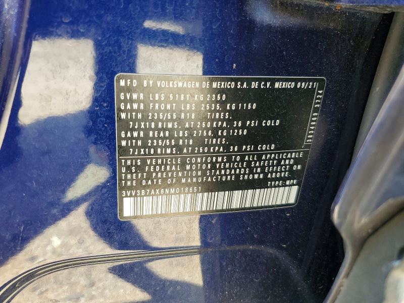64989206 :رقم المزاد ، 3VV3B7AX6NM018651 vin ، 2022 Volkswagen Tiguan مزاد بيع